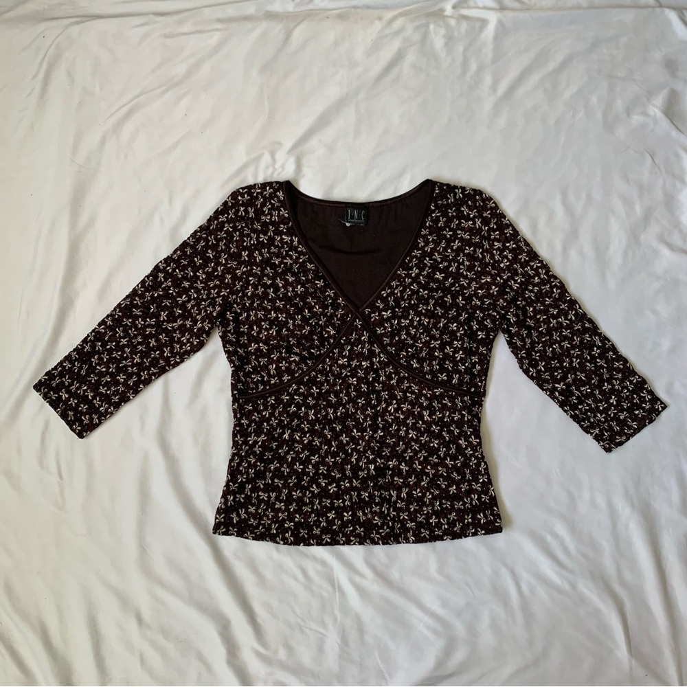 Vintage Brown Lace Bow Print Top